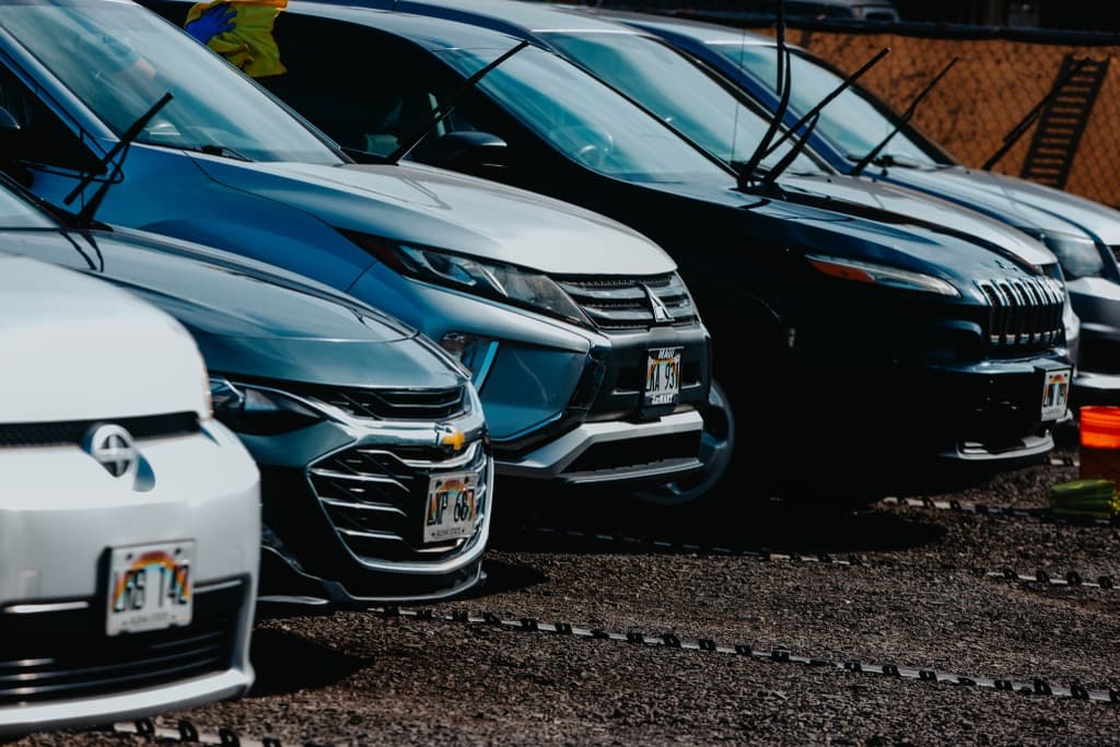 Close-up of rental vehicles ready for pickup at Makoa Rental Car Maui in Kahului